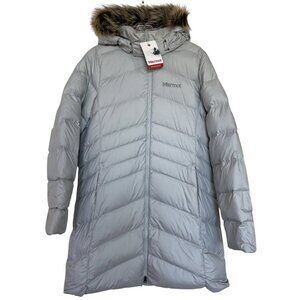 Marmot Jacket Womens Size Large Montreal Faux Fur Hood Trim Zip Coat Puffer Gray